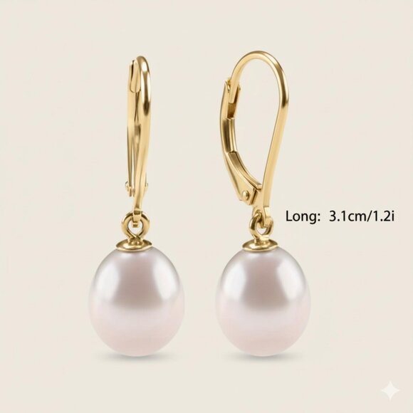 18k Gold Natural Freshwater Pearl Earrings, Single Pearl Earrings, Dropped Pearl - Picture 3 of 6